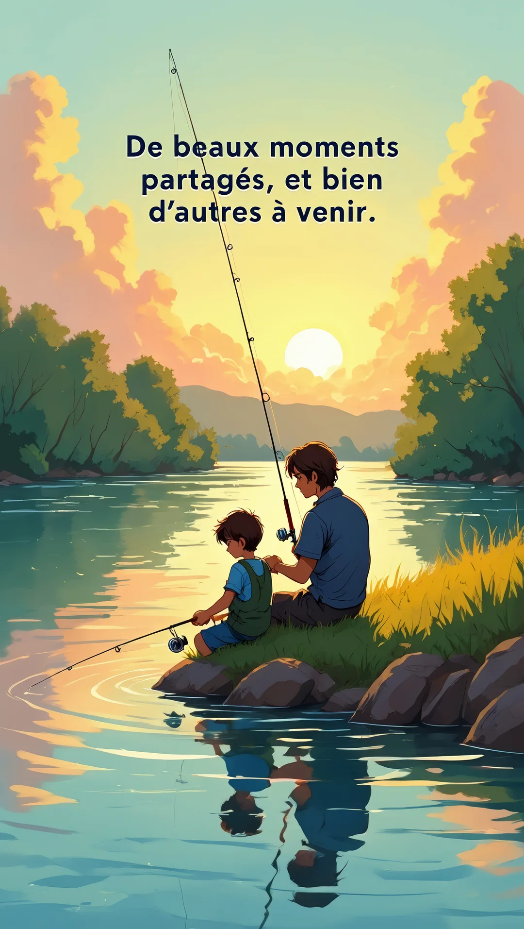 Illustration d'un homme et d'un jeune garçon assis au bord de l'eau, tenant des cannes à pêche au coucher du soleil.
