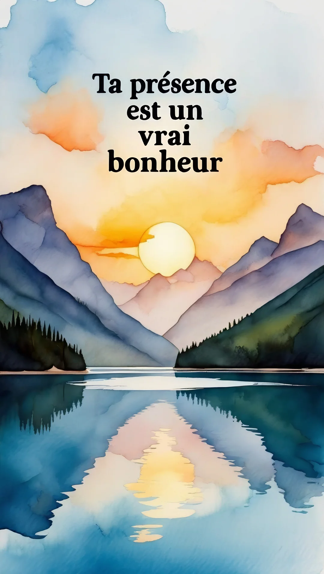 Une peinture à l'aquarelle d'un paysage de montagnes et d'un lac, avec un soleil levant et le reflet dans l'eau.