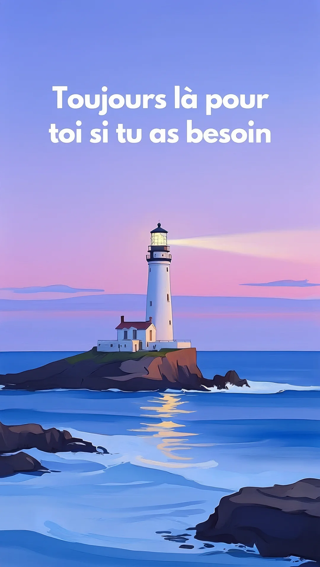 Un phare blanc illuminé se dresse sur une île rocheuse au milieu de l'océan, sous un ciel dégradé du violet au rose.