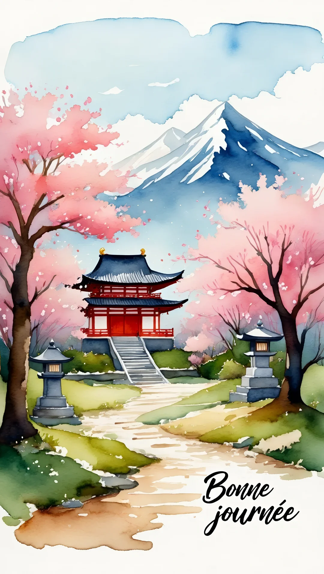 Cette carte représente une peinture à l'aquarelle d'un temple japonais entouré de cerisiers en fleurs, avec une montagne enneigée se dressant en arrière-plan.