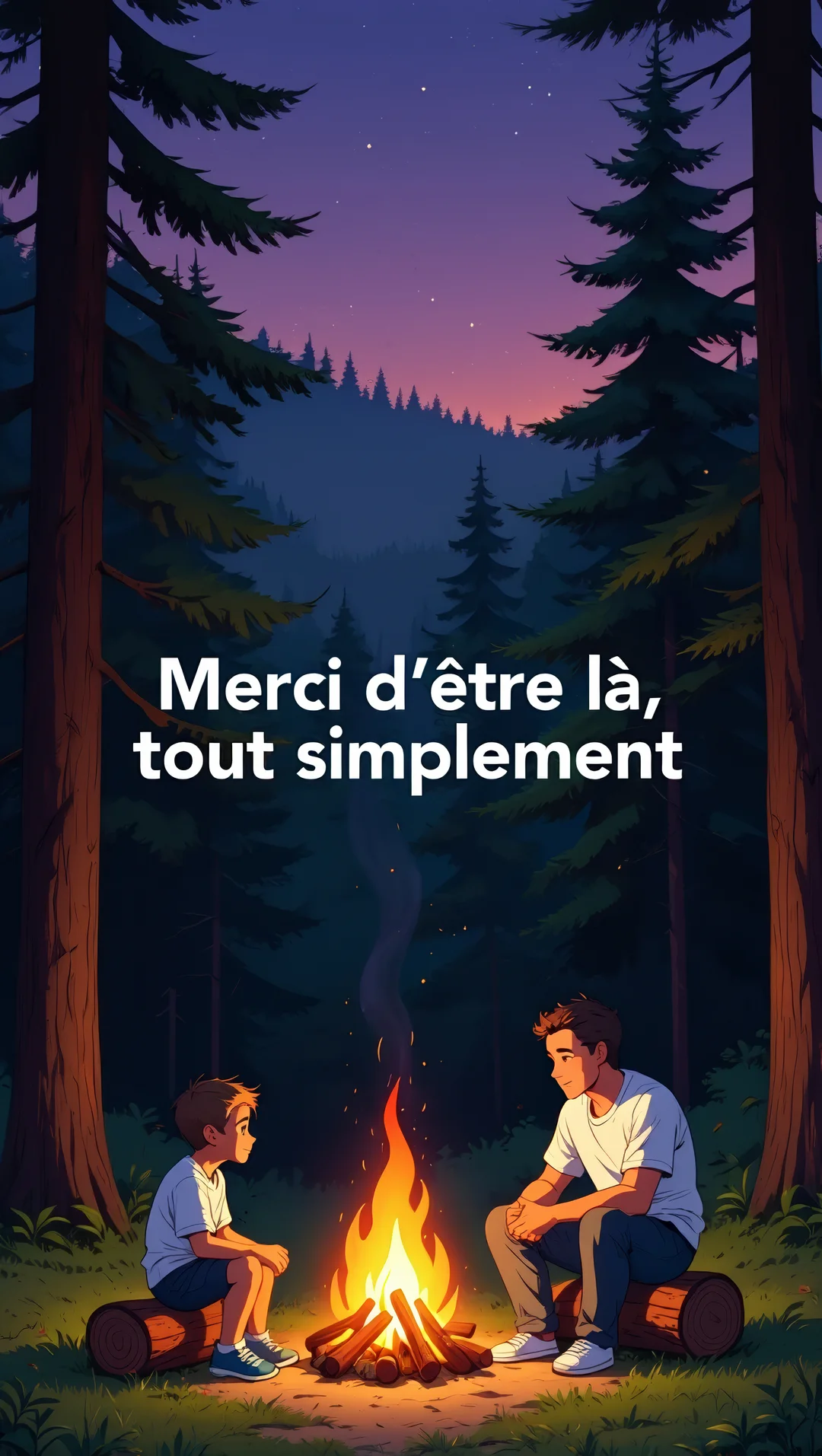 Un homme et un jeune garçon sont assis de part et d'autre d'un feu de camp crépitant dans une forêt de sapins étoilée.