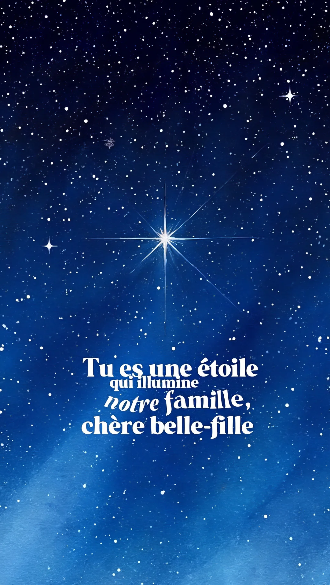 Sur un fond de ciel nocturne bleu profond parsemé d'étoiles scintillantes, un message affectueux est écrit en blanc pour une belle-fille.