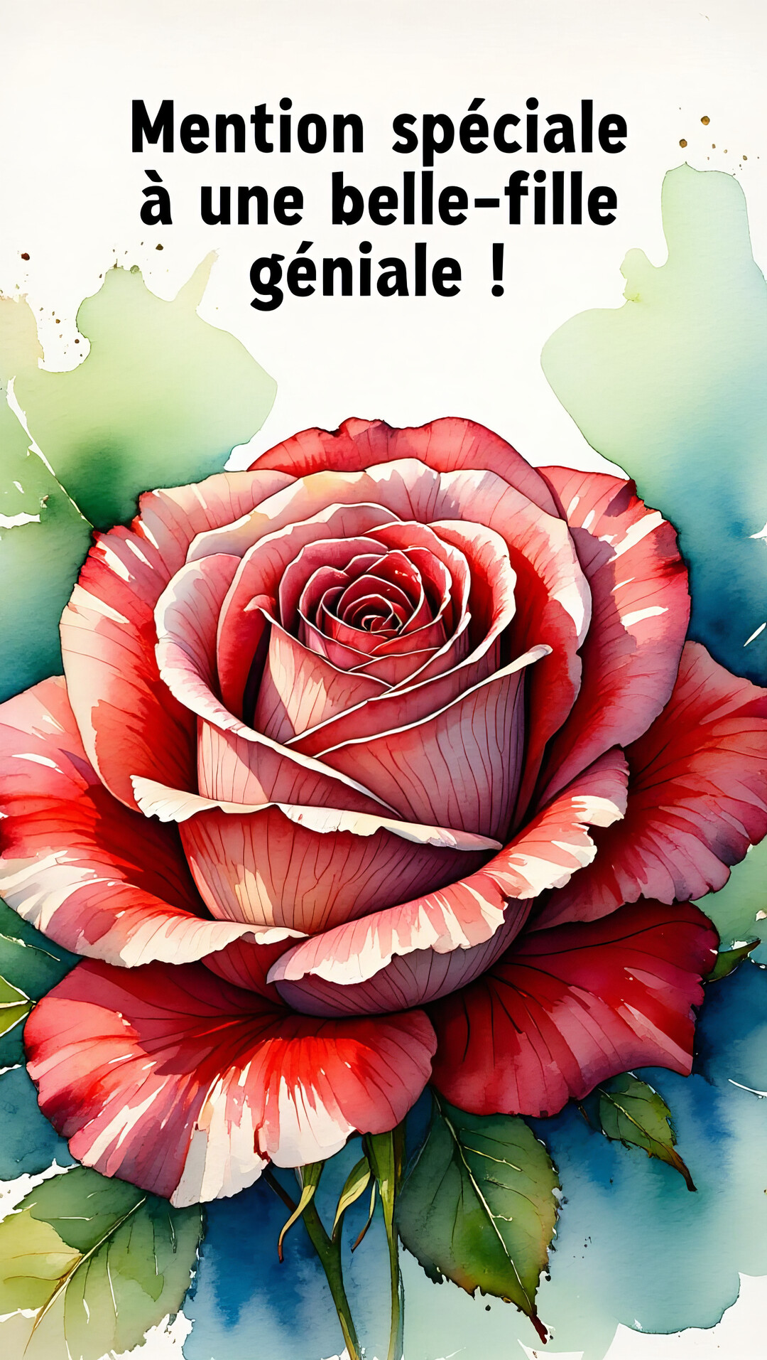 Une illustration à l'aquarelle d'une grande rose rouge et blanche épanouie, sur un fond texturé vert et bleu, avec un texte affectueux.