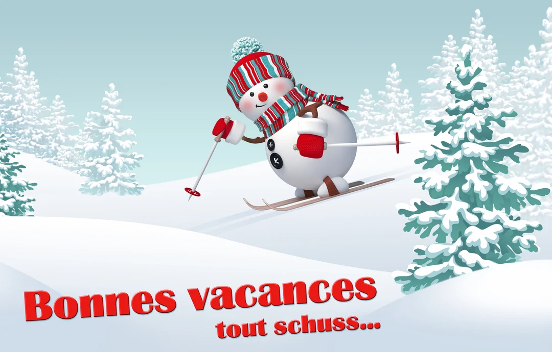 Un joyeux bonhomme de neige, portant un bonnet et une écharpe colorés, descend une piste de ski enneigée au milieu de sapins.