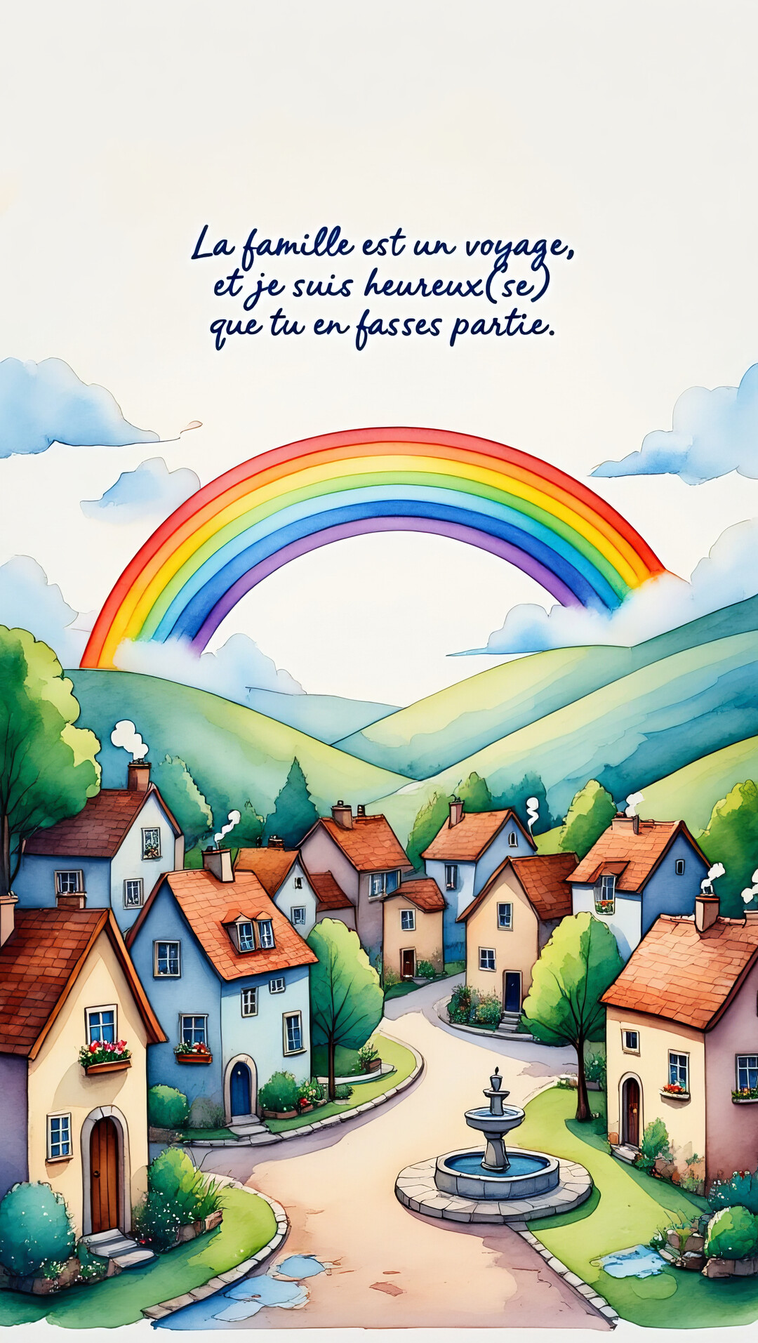 Une illustration style aquarelle montre un village pittoresque niché dans des collines verdoyantes, avec un arc-en-ciel éclatant surplombant la scène.