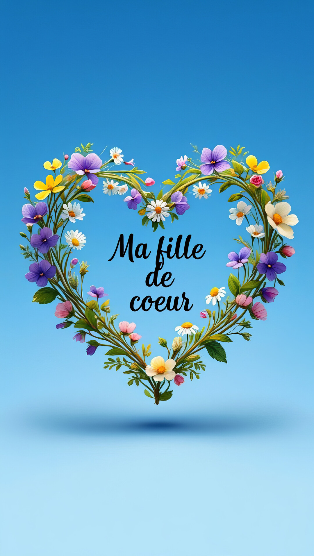 Une couronne de fleurs des champs multicolores forme un cœur, au centre duquel est écrit 'Ma fille de coeur' sur un fond bleu.