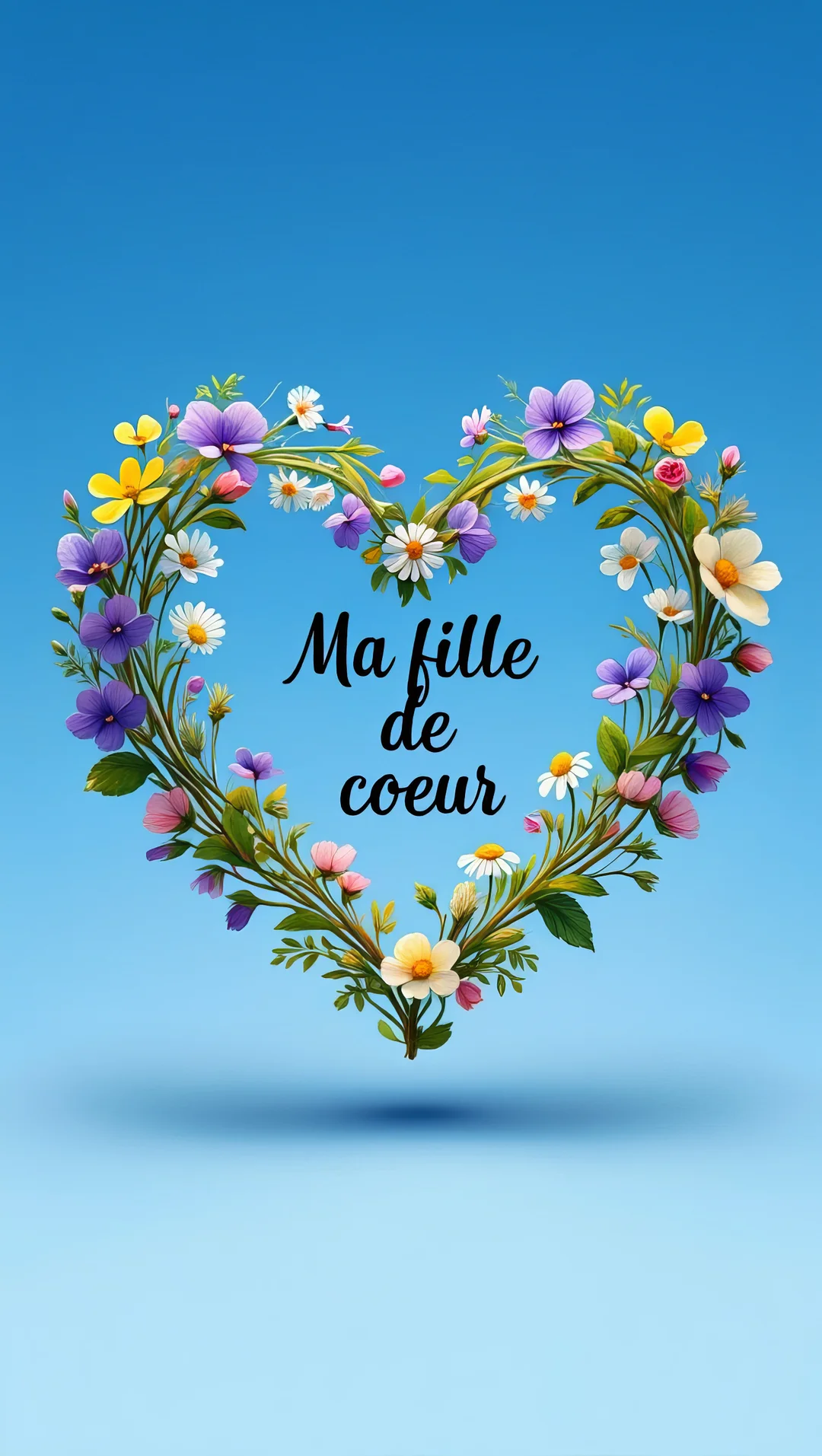 Une couronne de fleurs des champs multicolores forme un cœur, au centre duquel est écrit 'Ma fille de coeur' sur un fond bleu.