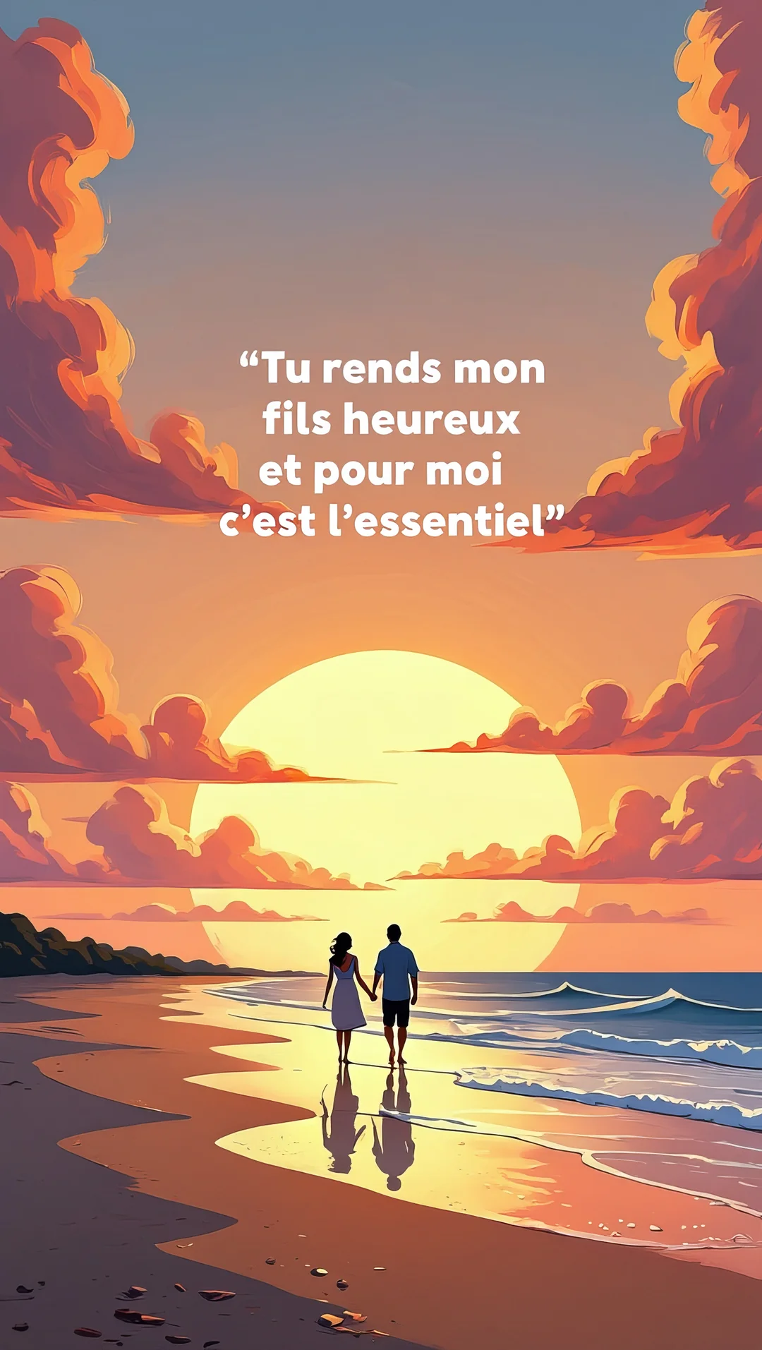 Un couple se tenant la main marche sur une plage au crépuscule, avec un grand soleil et des nuages orangés à l'horizon.