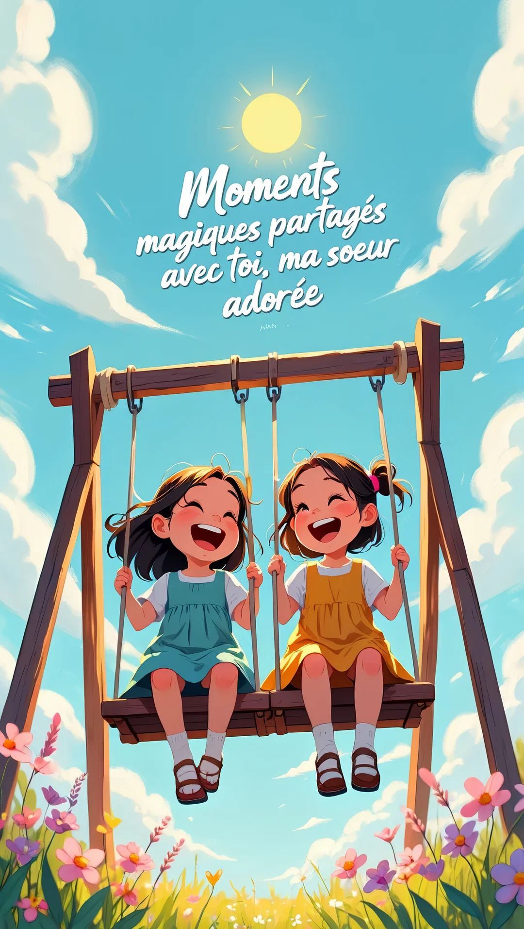 Deux petites filles joyeuses, assises côte à côte sur une balançoire, rient sous un grand soleil dans un ciel parsemé de nuages.