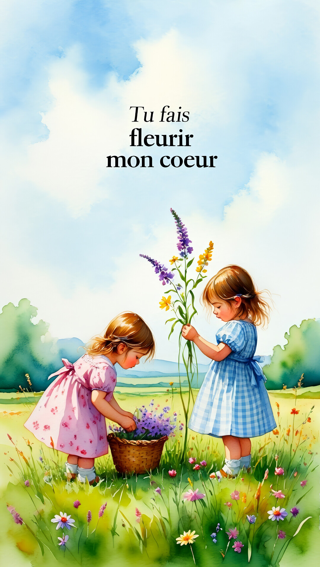 Une illustration à l'aquarelle de deux jeunes sœurs dans un champ verdoyant, cueillant des fleurs colorées sous un ciel bleu clair.