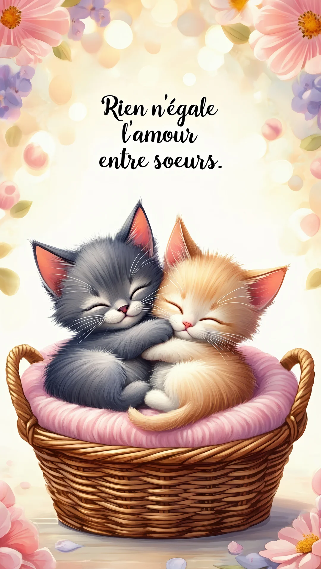 Deux adorables chatons endormis se font un câlin dans un panier en osier sur fond lumineux et floral, avec un texte affectueux.
