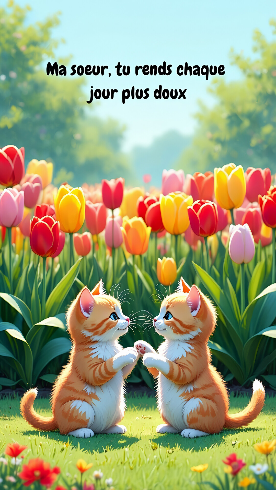 Deux adorables chatons roux et blancs se tiennent la patte au milieu d'un champ de tulipes multicolores, sous un ciel bleu clair.