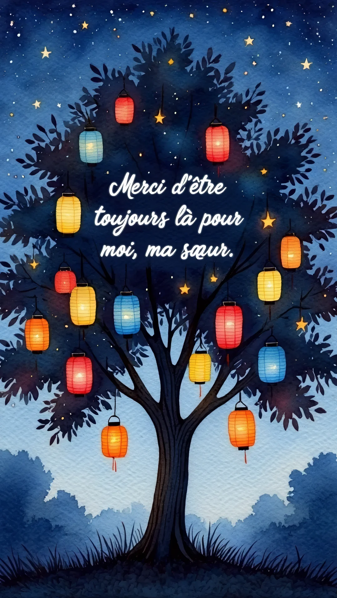 Un grand arbre sombre se détache sur un ciel nocturne étoilé, ses branches ornées de nombreuses lanternes en papier colorées et lumineuses.