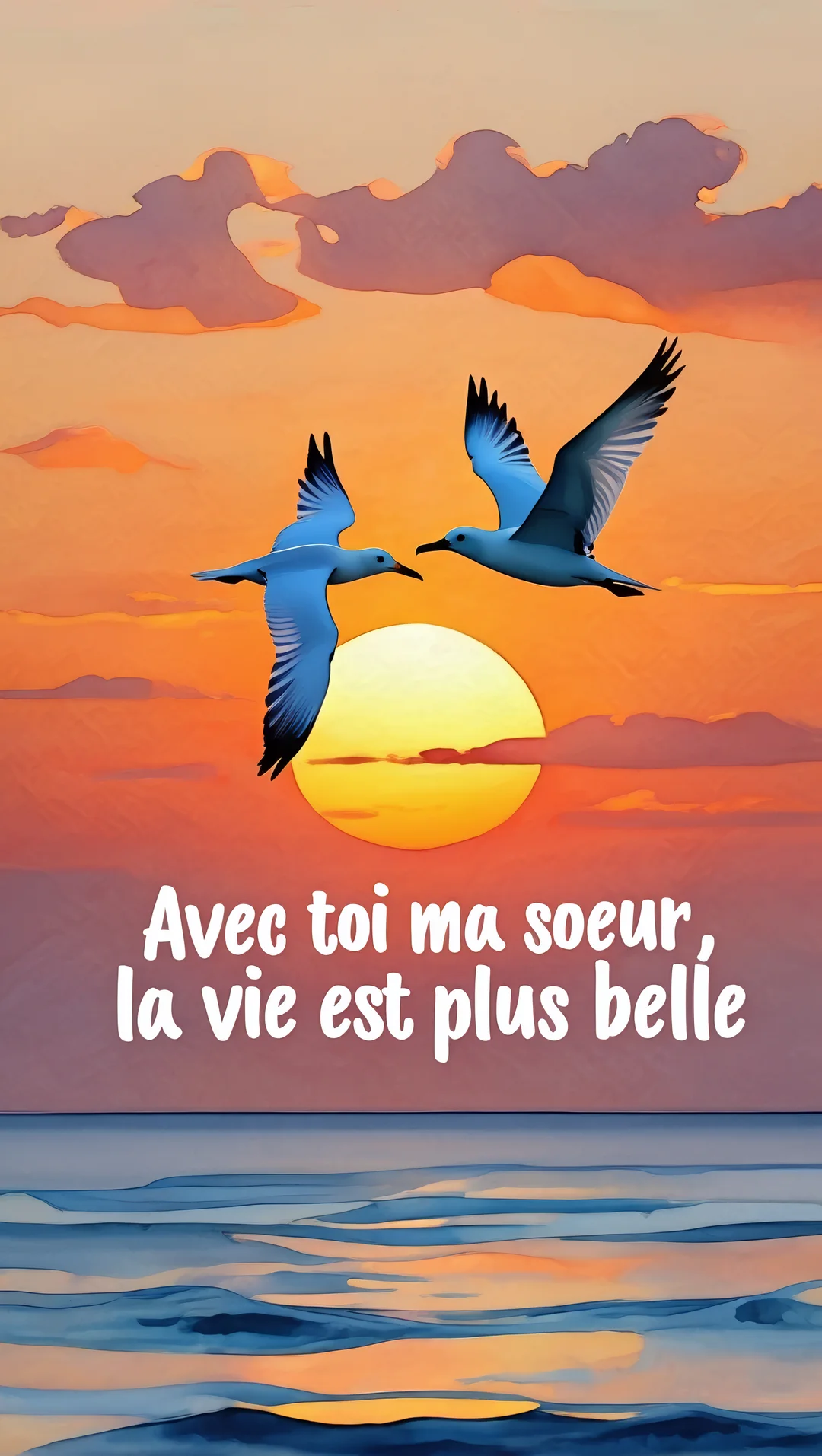 Deux oiseaux bleus stylisés volent en tandem au-dessus d'une mer agitée, sur fond d'un grand soleil couchant et d'un ciel orangé.