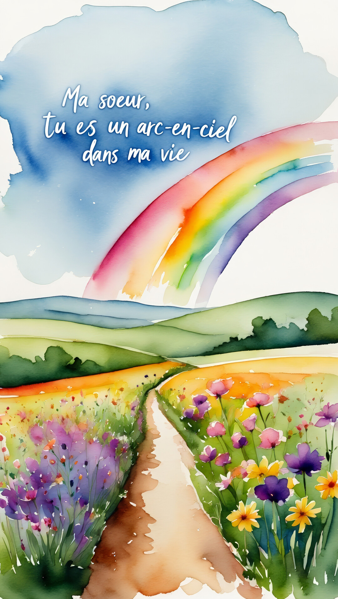 Une peinture à l'aquarelle montre un paysage de campagne fleuri, traversé par un chemin, sous un ciel bleu avec un arc-en-ciel éclatant.