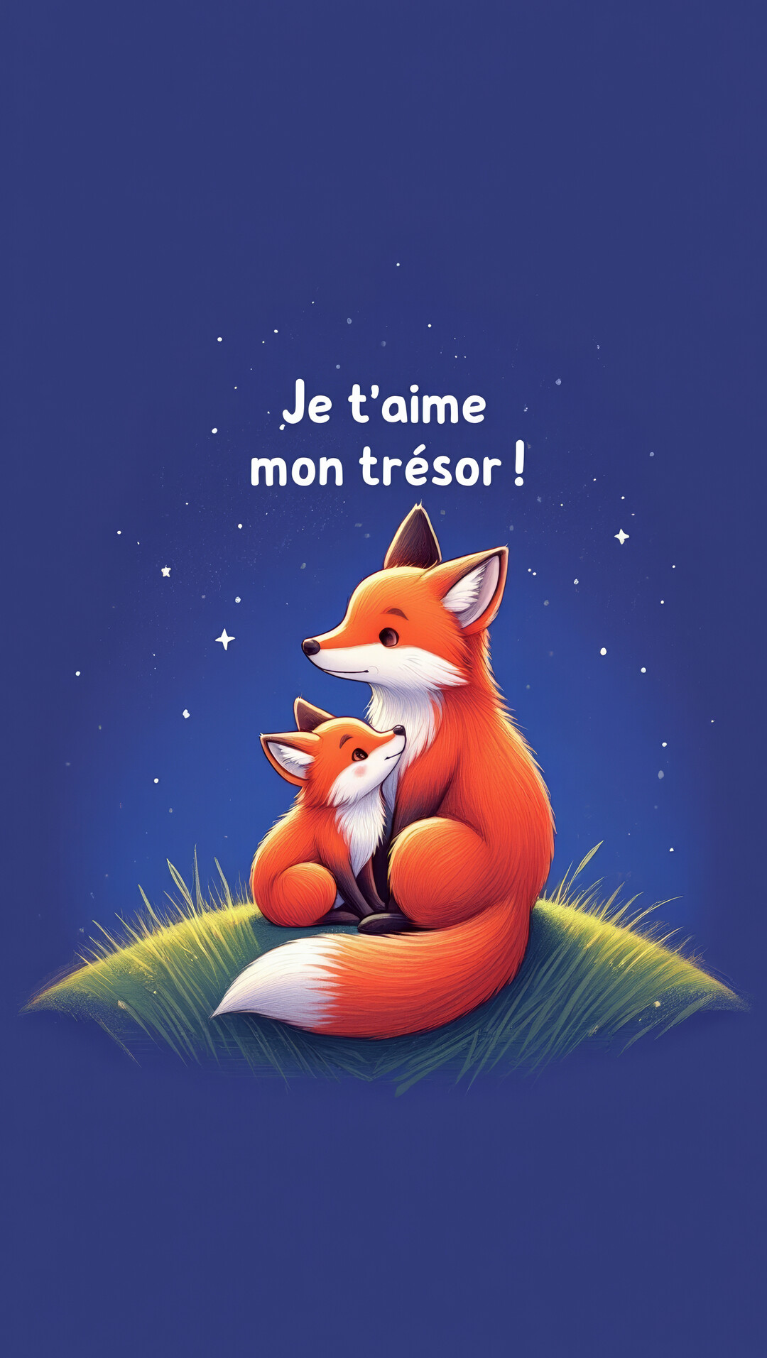 Une illustration d'un renard adulte et d'un renardeau assis affectueusement l'un contre l'autre sur de l'herbe, sous un ciel nocturne étoilé.