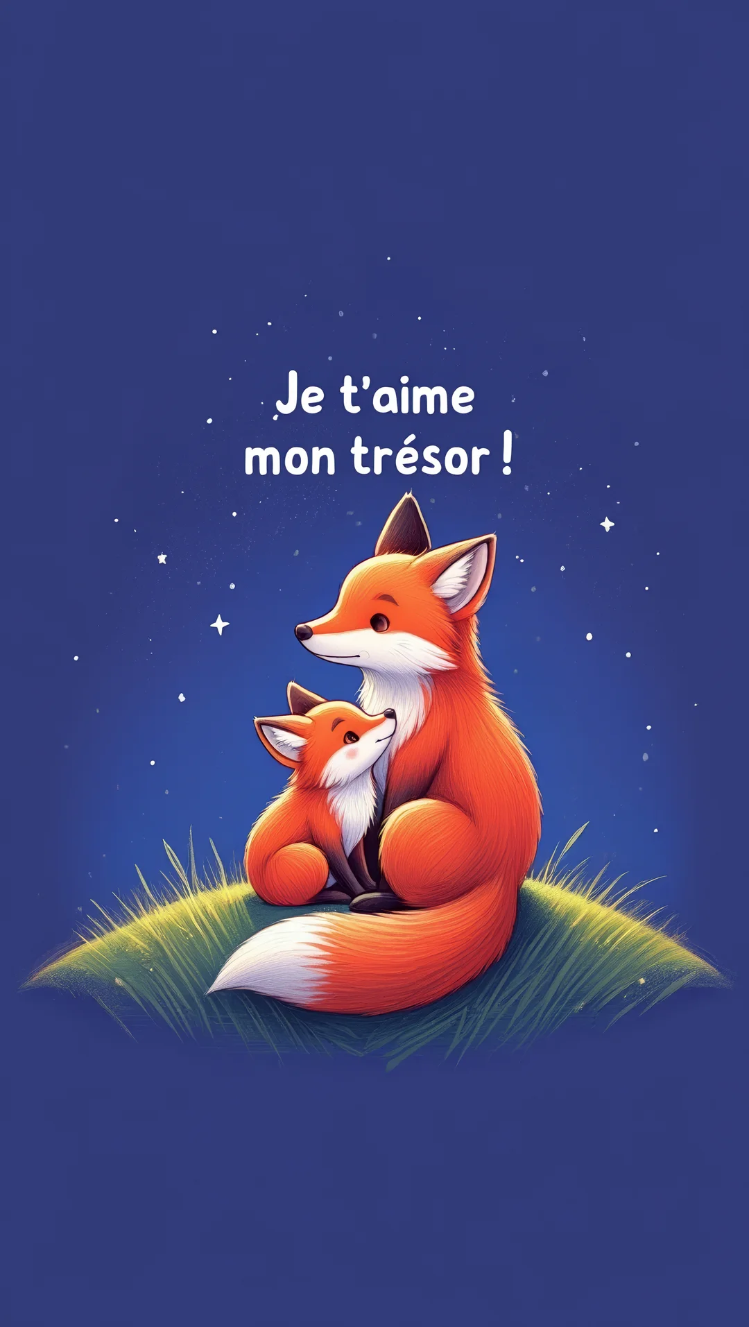Une illustration d'un renard adulte et d'un renardeau assis affectueusement l'un contre l'autre sur de l'herbe, sous un ciel nocturne étoilé.
