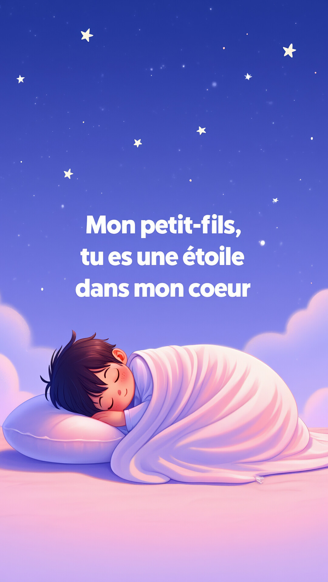 Un jeune garçon aux cheveux bruns dort en souriant dans un lit douillet, sous un ciel nocturne parsemé d'étoiles et de nuages roses.