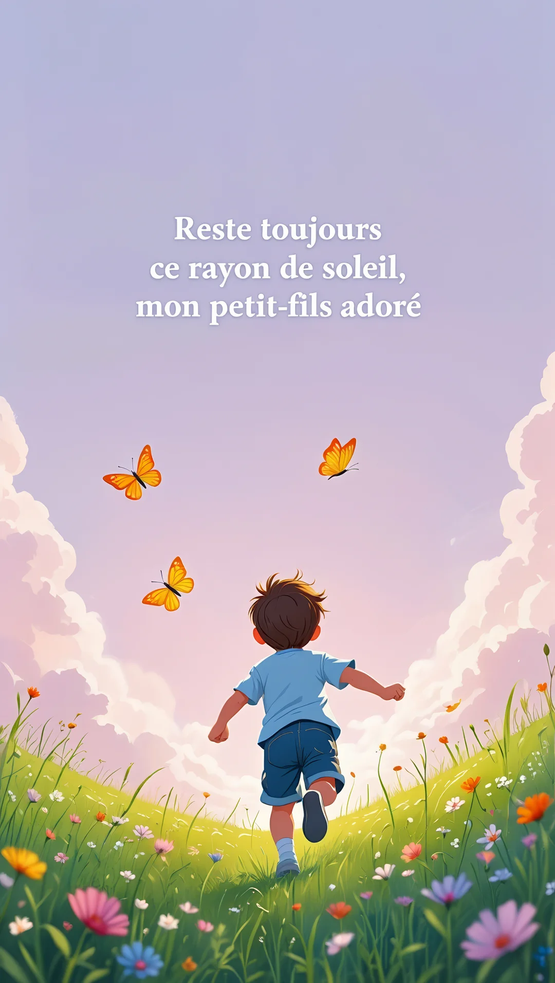 Un jeune garçon aux cheveux bruns, vu de dos, court joyeusement dans une prairie fleurie sous un ciel pastel avec des papillons colorés.