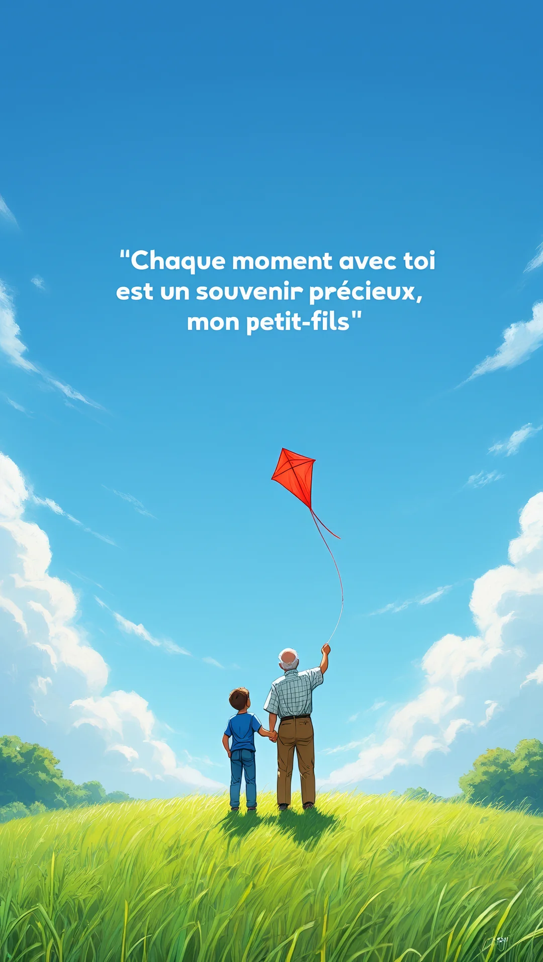 Vue de dos d'un grand-père et de son petit-fils se tenant par la main sur une colline herbeuse, regardant un cerf-volant.