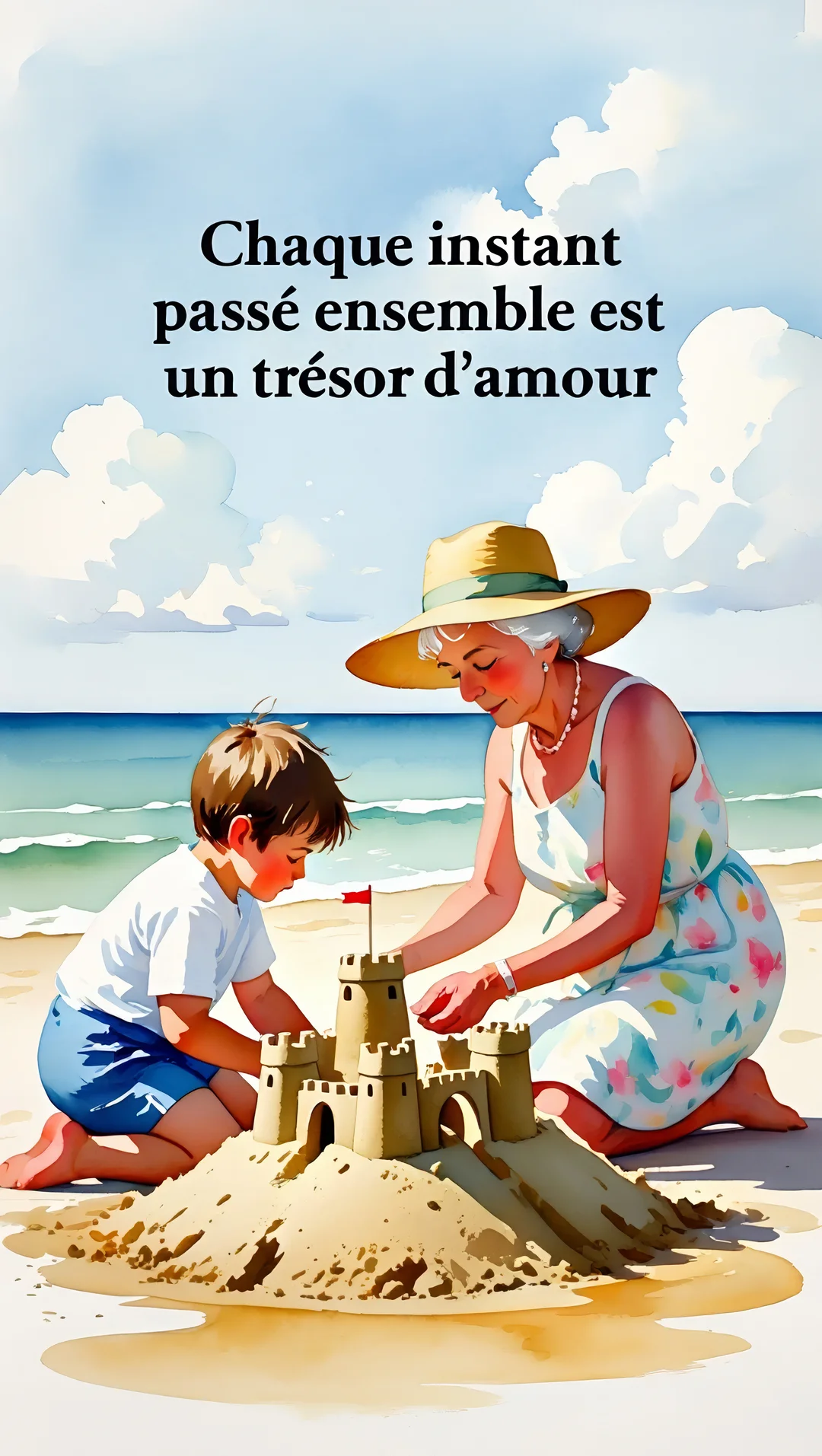 Une grand-mère et un jeune garçon sont agenouillés sur une plage ensoleillée, construisant ensemble avec attention un grand château de sable.