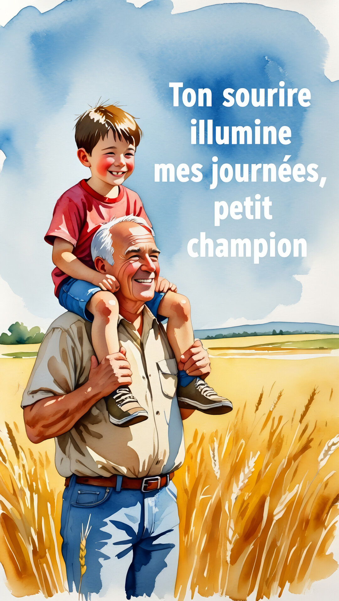 Un homme âgé aux cheveux blancs porte un jeune garçon sur ses épaules dans un champ de blé, tous deux souriant joyeusement.