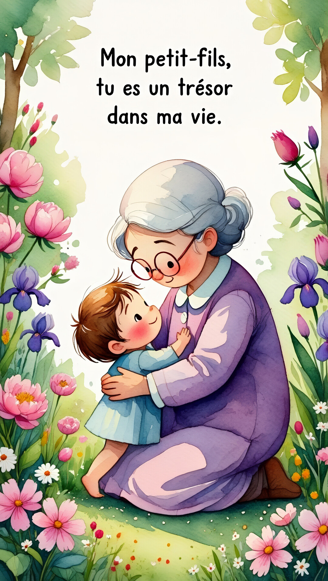 Illustration à l'aquarelle d'une grand-mère aux cheveux gris qui enlace son jeune petit-fils dans un magnifique champ de fleurs colorées.