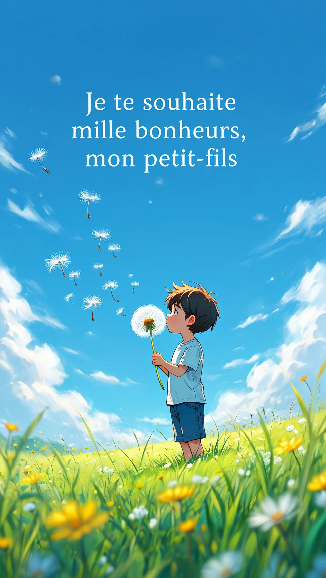 Un petit garçon, style manga, se tient dans une prairie verdoyante et souffle sur un pissenlit sous un ciel d'été bleu et nuageux.