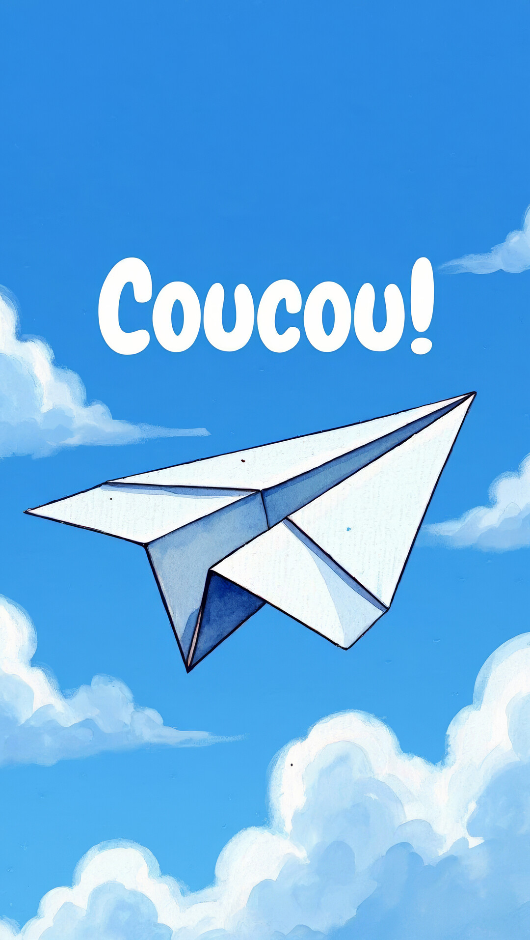 Un avion en papier blanc, de style aquarelle, plane dans un ciel bleu vif au-dessus de nuages duveteux, avec le mot 'Coucou!' écrit au-dessus.