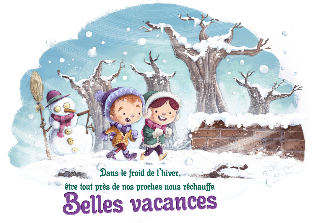 Deux enfants souriants, vêtus de bonnets et d'écharpes, marchent dans un paysage hivernal enneigé à côté d'un bonhomme de neige souriant.