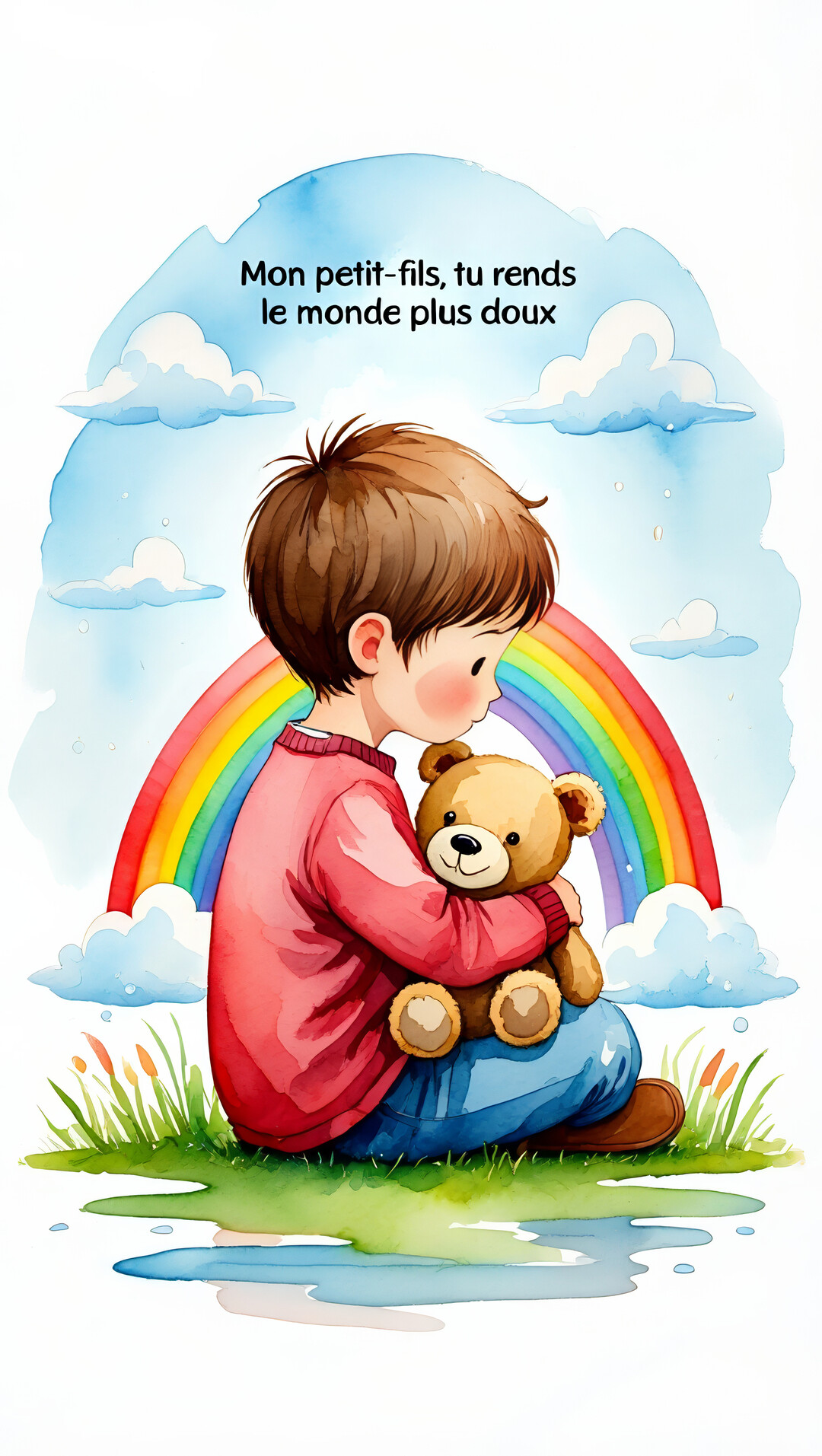 Un jeune garçon aux cheveux bruns, vu de profil, est assis dans l'herbe et serre contre lui un ours en peluche marron.