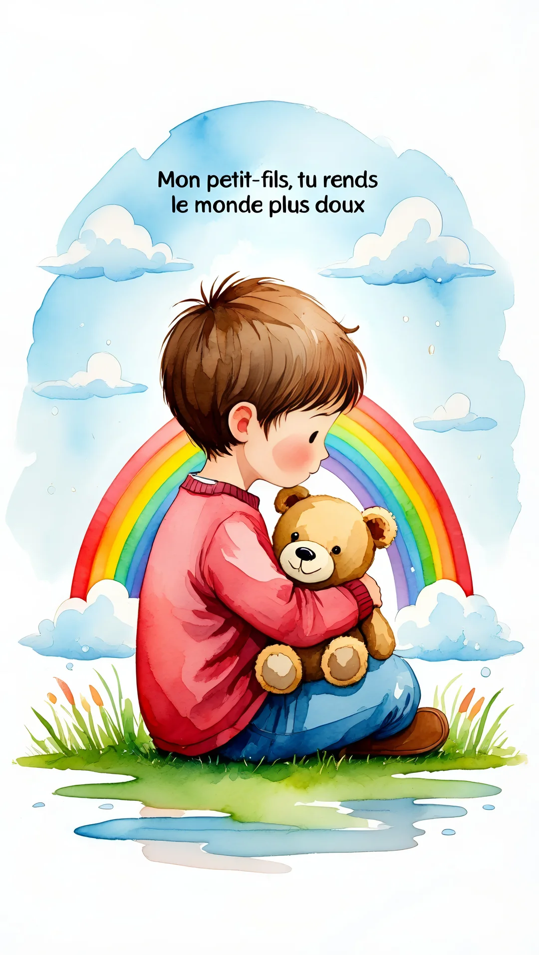 Un jeune garçon aux cheveux bruns, vu de profil, est assis dans l'herbe et serre contre lui un ours en peluche marron.