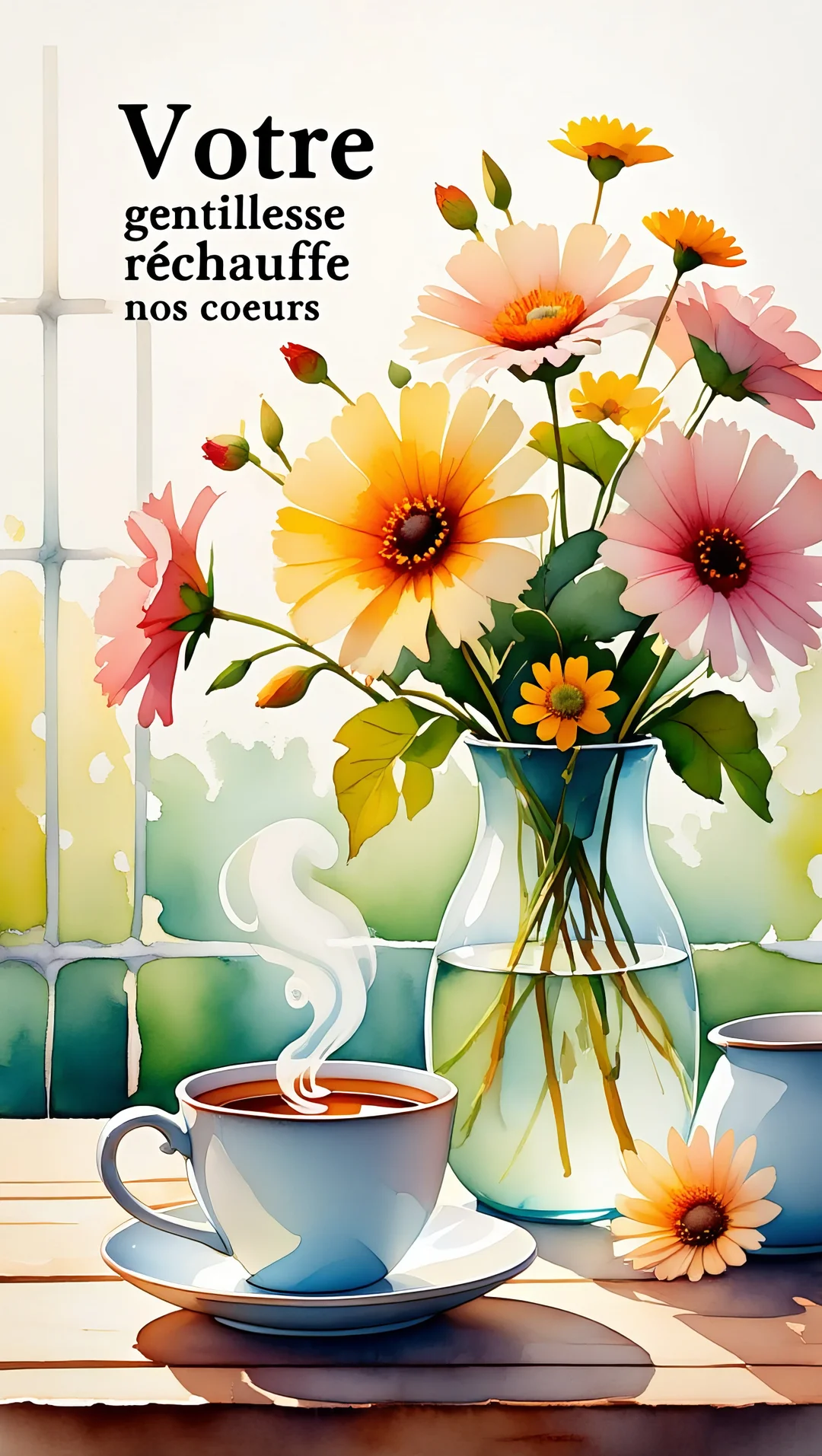 Une scène matinale apaisante de style aquarelle, avec une tasse de café fumante et un vase de fleurs multicolores près d'une fenêtre.