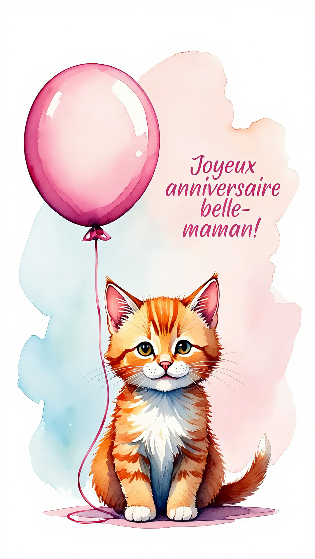 Un adorable chaton roux dessiné à l'aquarelle est assis, tenant un ballon rose, sur un fond blanc avec des touches de couleur pastel.