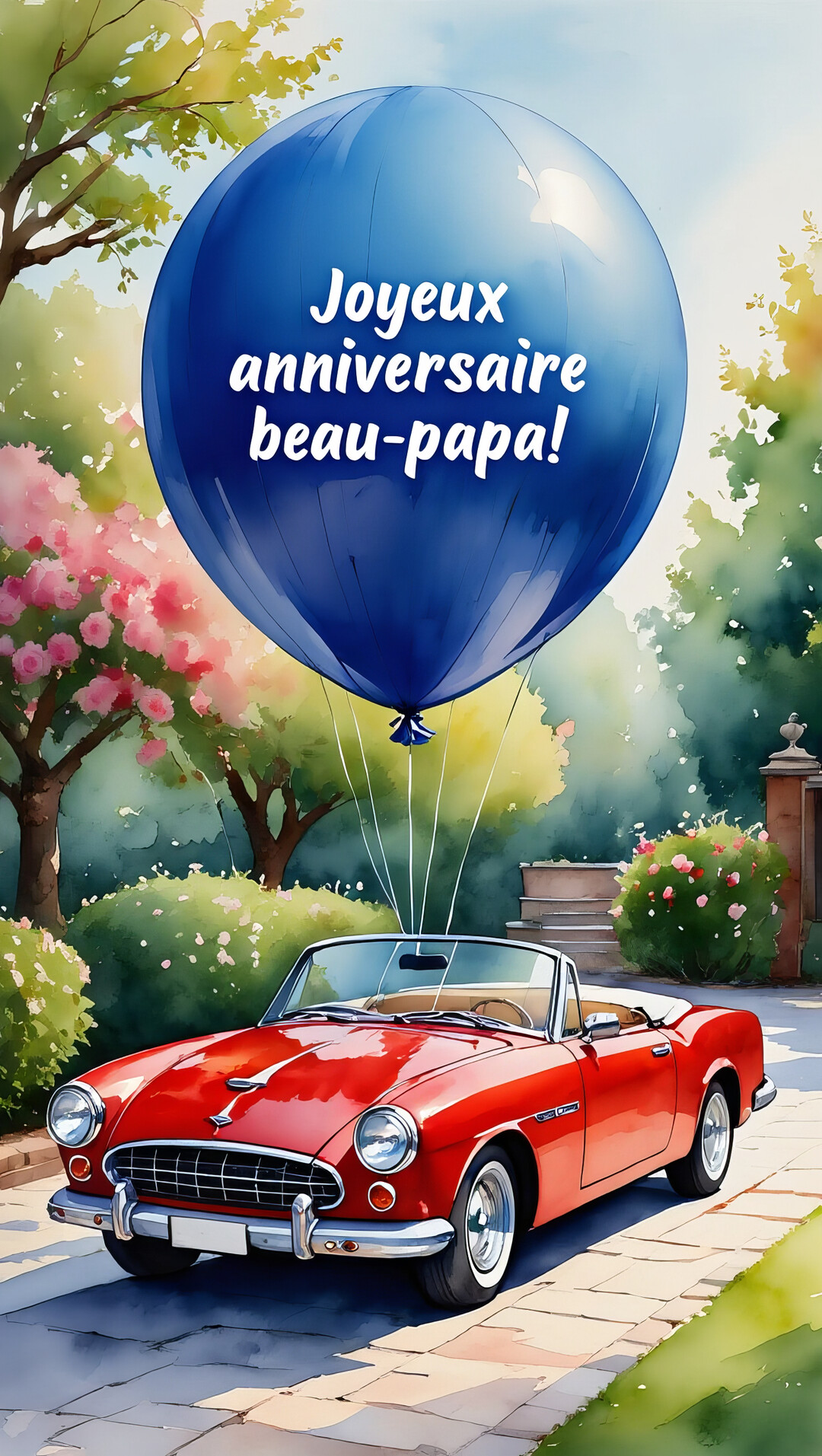 Une illustration à l'aquarelle d'un cabriolet rouge vintage dans une allée verdoyante, avec un gros ballon bleu portant une inscription festive.