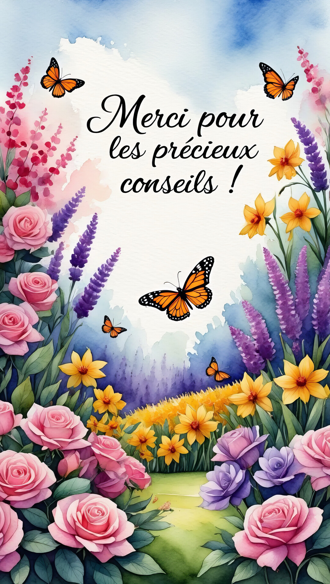 Une illustration à l'aquarelle d'un jardin luxuriant avec des roses, lavandes et papillons, encadrant un message de remerciement au centre.