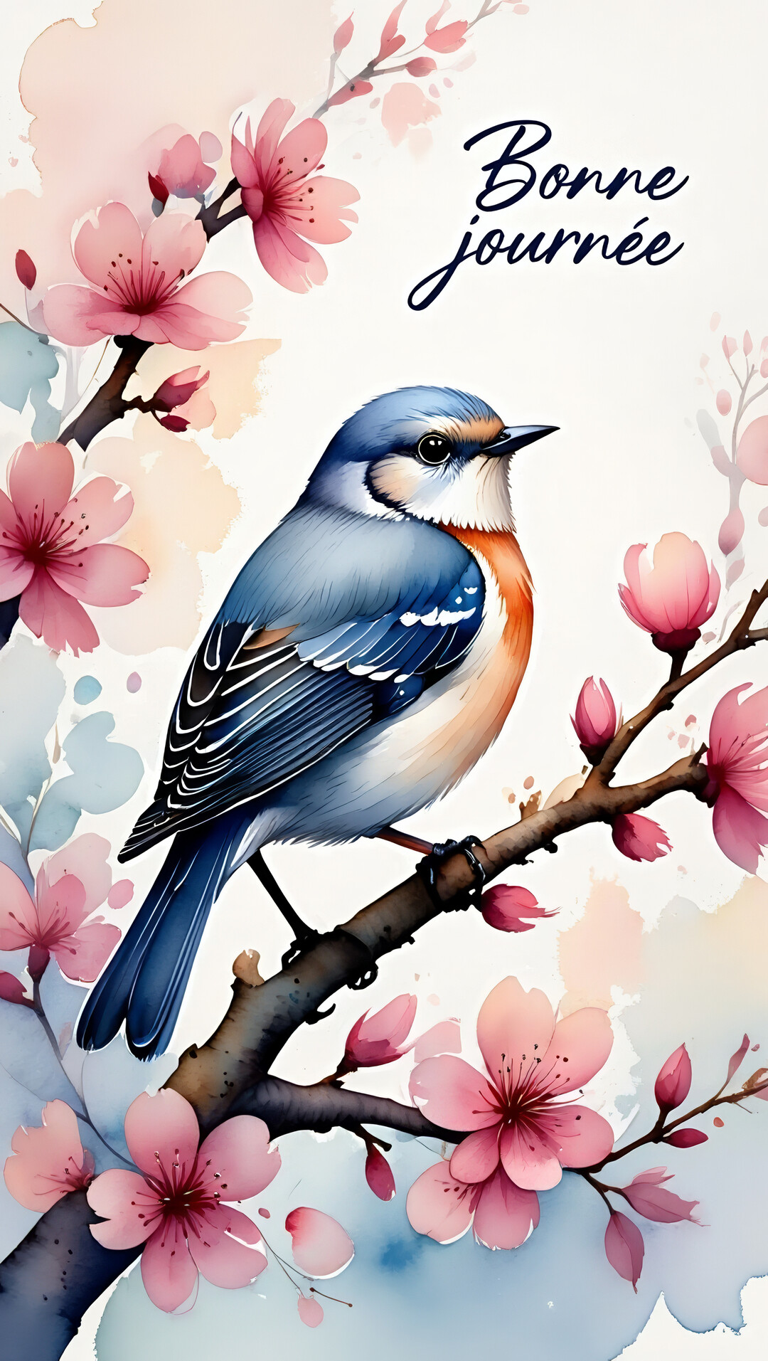 Un oiseau bleu et roux est perché sur une branche de cerisier en fleurs roses, avec le texte 'Bonne journée' en calligraphie.