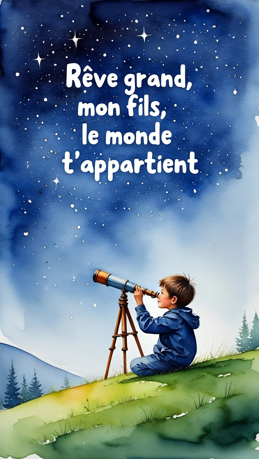 Un jeune garçon est assis sur une colline verdoyante la nuit et observe le ciel étoilé à travers un télescope sur un trépied.