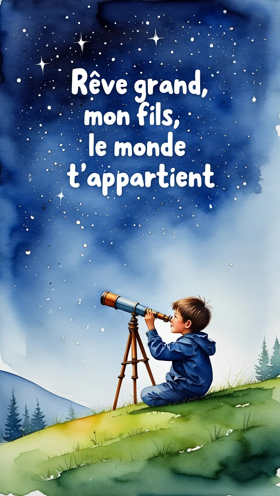 Un jeune garçon est assis sur une colline verdoyante la nuit et observe le ciel étoilé à travers un télescope sur un trépied.