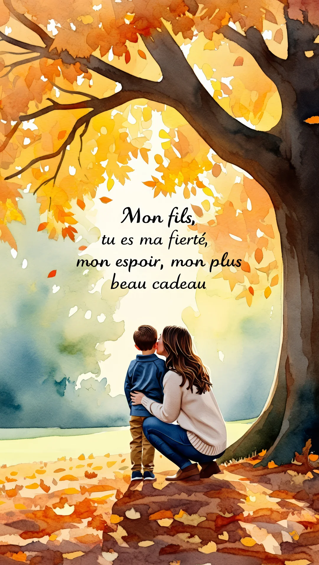 Une mère agenouillée embrasse tendrement la joue de son jeune fils, vus de dos, sous un grand arbre aux feuilles d'or d'automne.