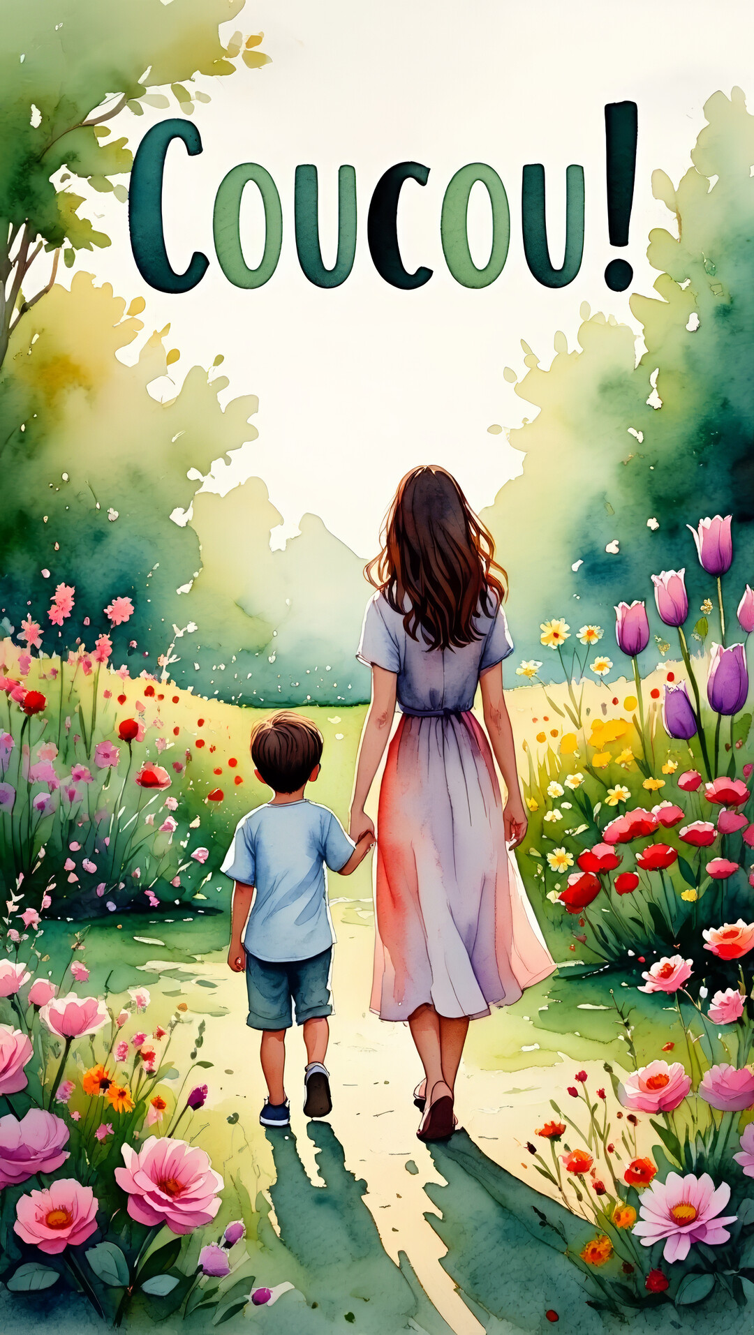 Une illustration à l'aquarelle d'une mère et de son fils vus de dos, se tenant la main en marchant dans un jardin fleuri.
