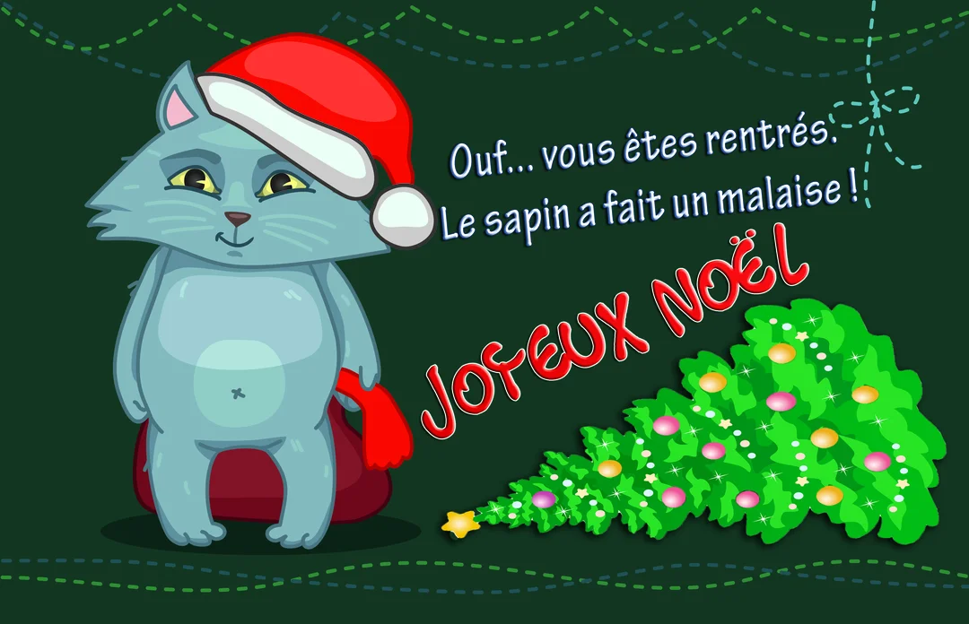 Sur fond vert, un chat de dessin animé avec un bonnet de Noël se tient à côté d'un sapin décoré et tombé au sol.