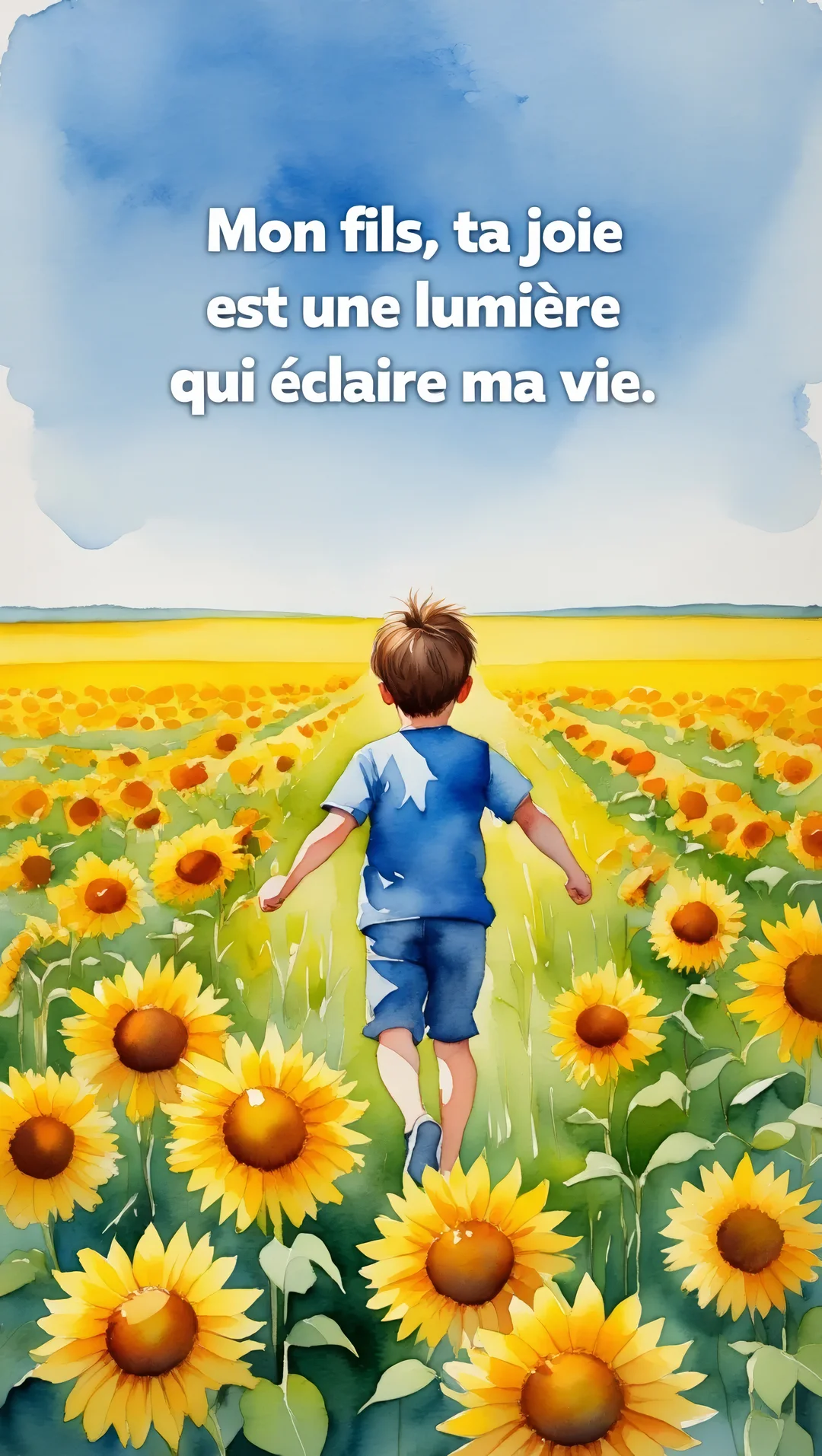 Illustration à l'aquarelle d'un jeune garçon vu de dos, s'avançant dans un champ de tournesols en fleurs sous un grand ciel bleu clair.