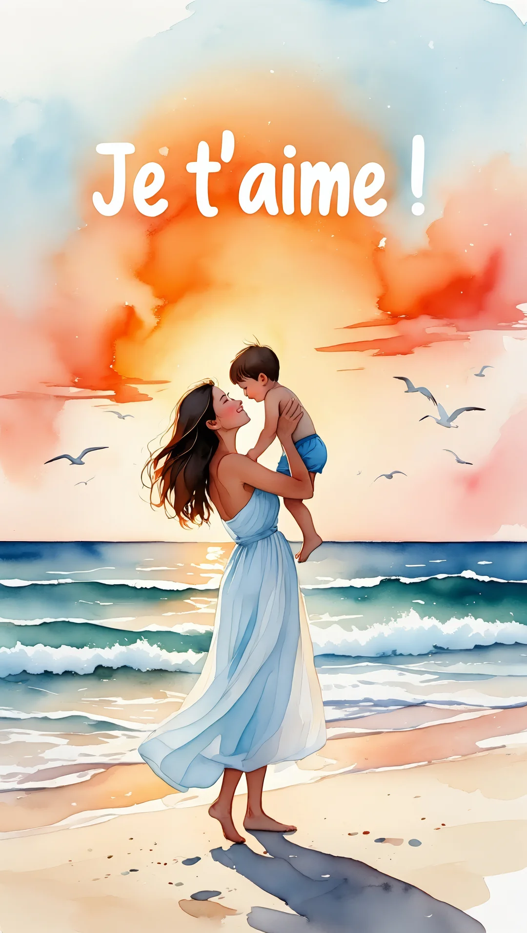 Une maman en robe bleue porte son jeune fils dans ses bras sur une plage de sable, devant un coucher de soleil orangé.