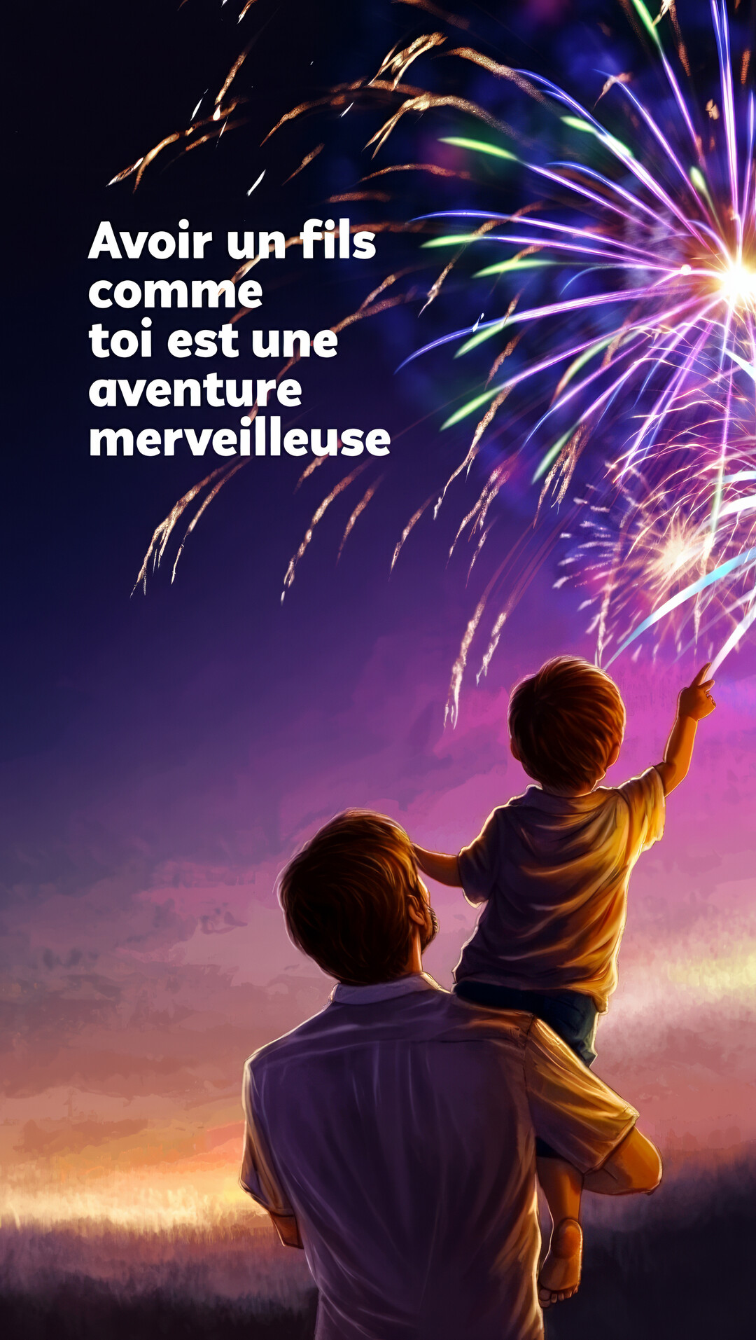 Vue de dos, un père porte son jeune fils sur les épaules, tous deux regardant un spectaculaire feu d'artifice qui éclate dans le ciel crépusculaire.