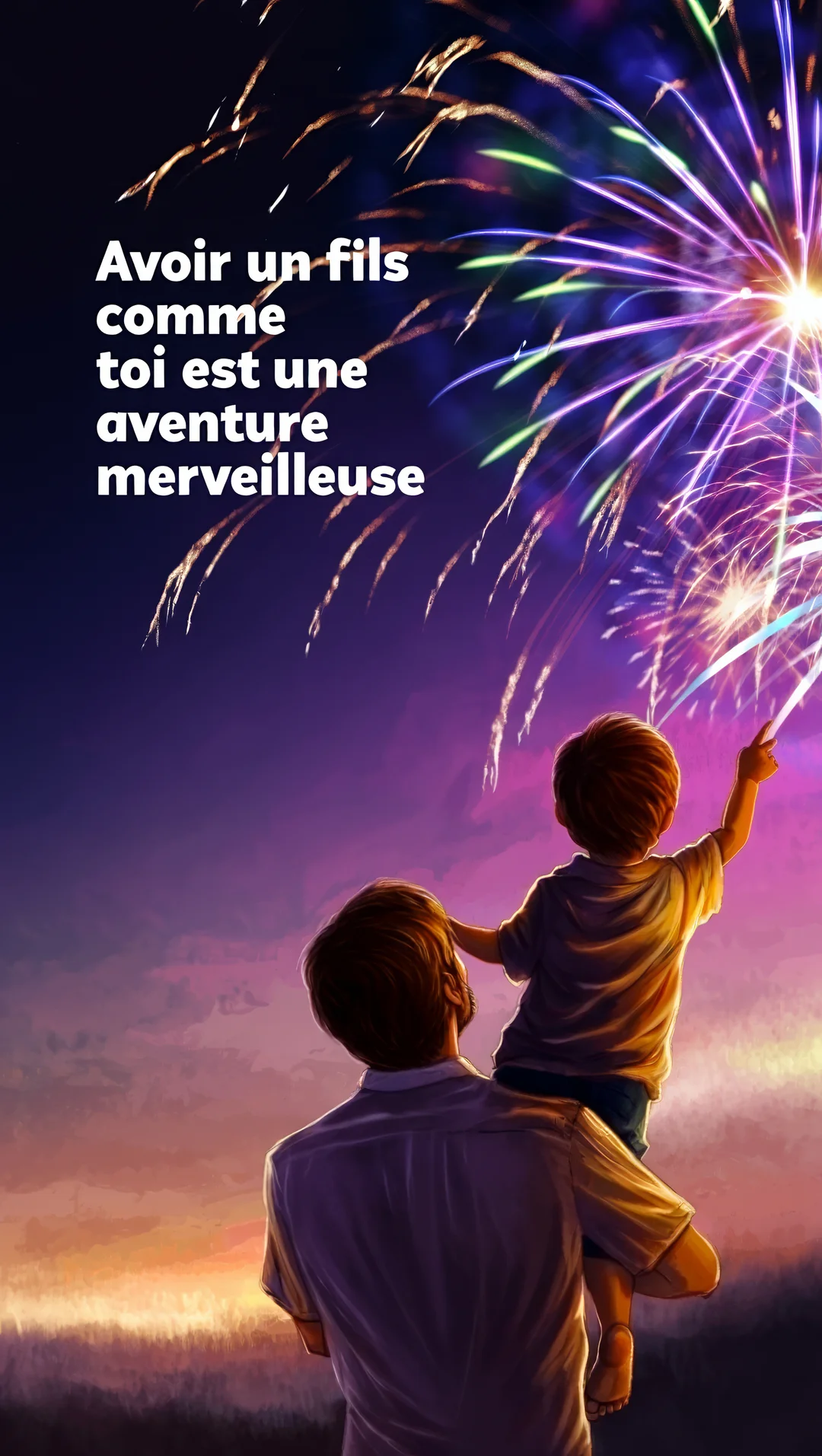 Vue de dos, un père porte son jeune fils sur les épaules, tous deux regardant un spectaculaire feu d'artifice qui éclate dans le ciel crépusculaire.