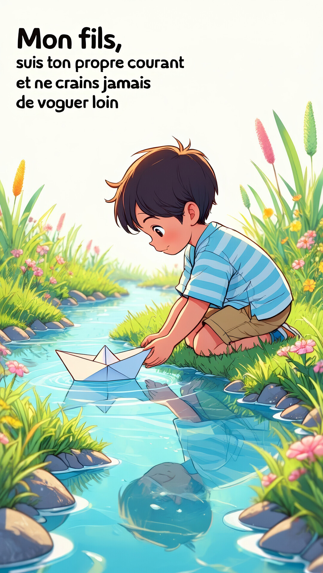 Dans un style manga, un jeune garçon à genoux au bord d'une rivière verdoyante met à l'eau un petit bateau en papier.