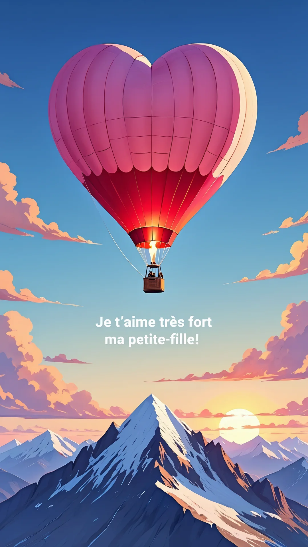 Une illustration d'une grande montgolfière rose en forme de cœur volant au-dessus de sommets montagneux, sous un ciel bleu au crépuscule.