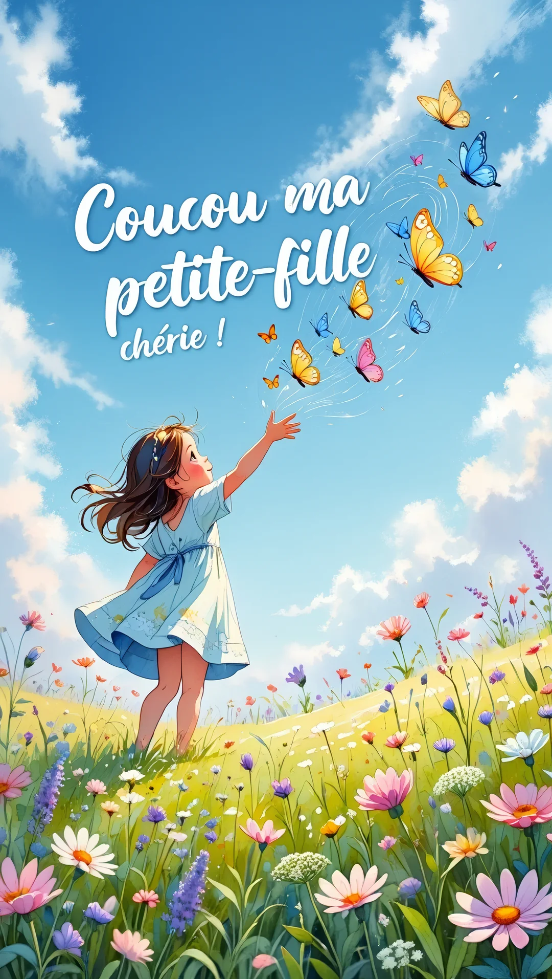 Une jeune fille se tient dans une prairie fleurie et lève le bras vers une envolée de papillons sous un ciel bleu.