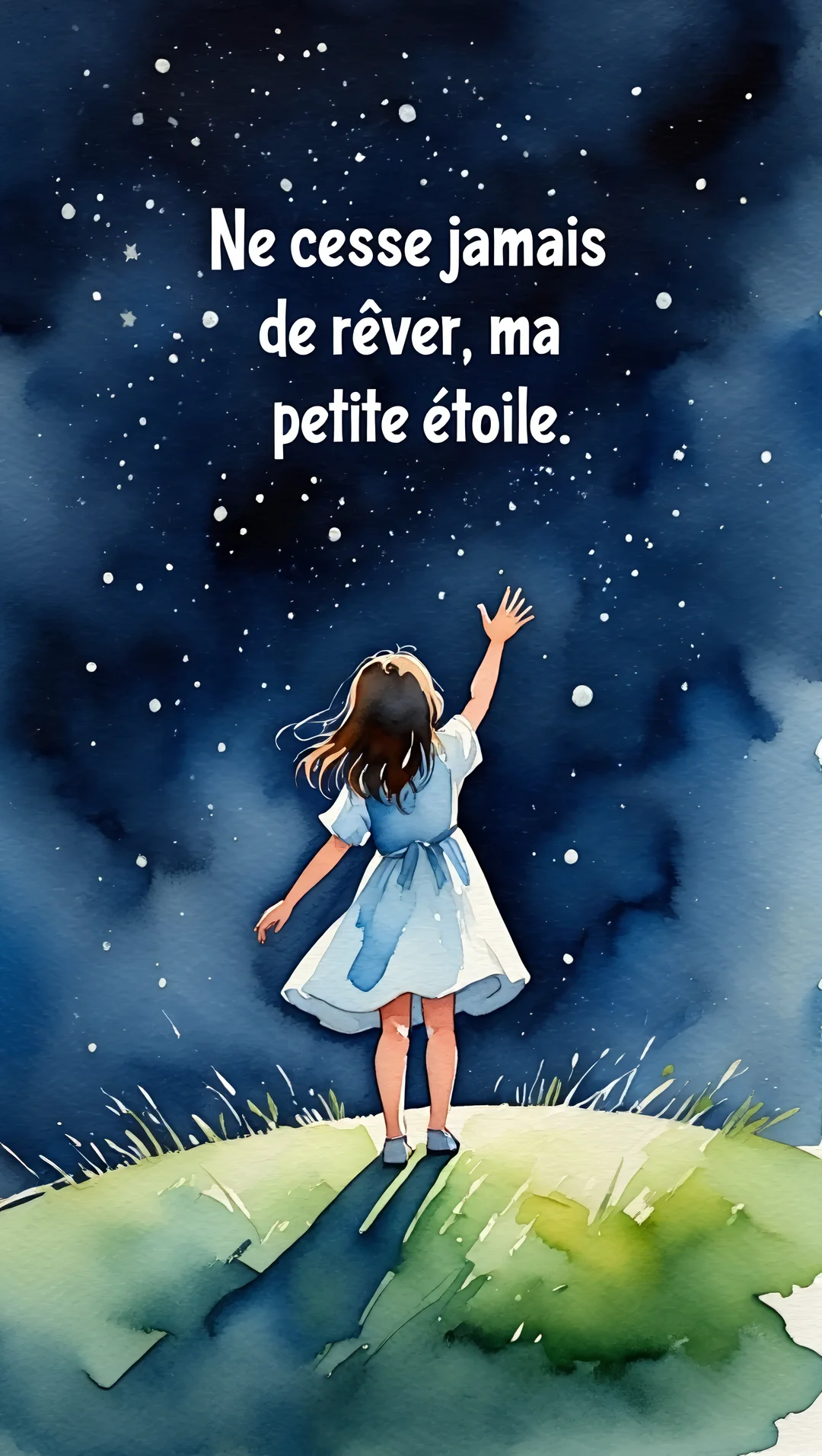 Une illustration à l'aquarelle d'une petite fille en robe bleue, debout sur l'herbe et levant la main vers un ciel nocturne étoilé.